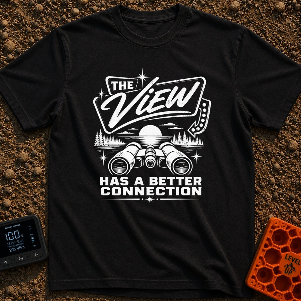 Naturally Well Connected - T-Shirt in Black - A black and white illustration of binoculars resting in the foreground with...