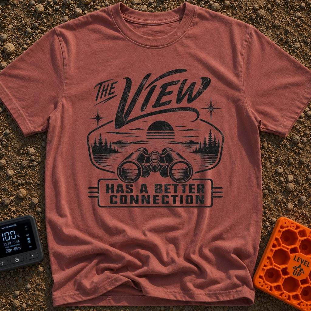 Naturally Well Connected - T-Shirt in Brick - A black and white illustration of binoculars resting in the foreground with...