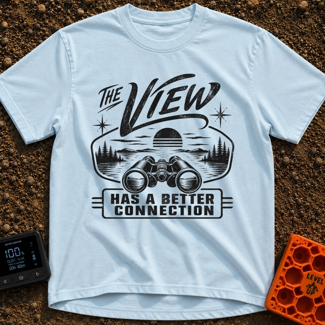Naturally Well Connected - T-Shirt in Chambray - A black and white illustration of binoculars resting in the foreground...