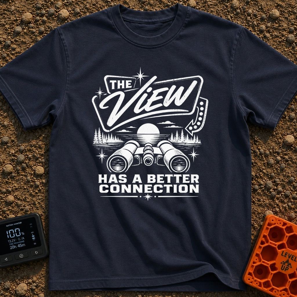 Naturally Well Connected - T-Shirt in Navy - A black and white illustration of binoculars resting in the foreground with...