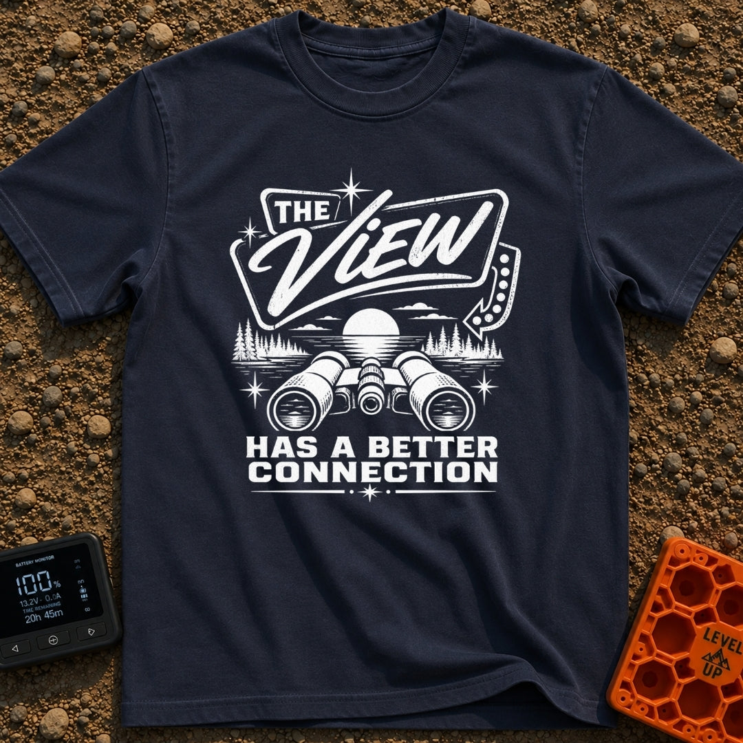 Naturally Well Connected - T-Shirt in Navy - A black and white illustration of binoculars resting in the foreground with...