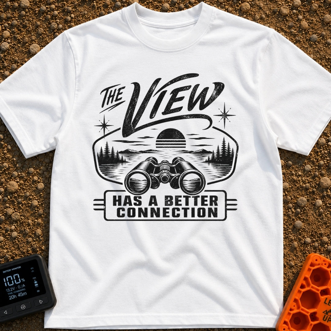 Naturally Well Connected - T-Shirt in White - A black and white illustration of binoculars resting in the foreground with...