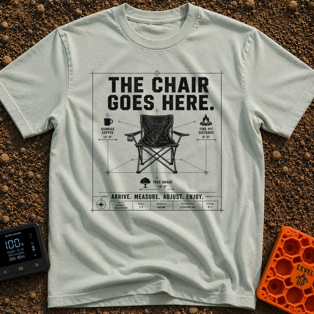 Chair Goes Here - T-Shirt in Bay - A blueprint-style diagram of a folding camp chair featuring dimension lines that...