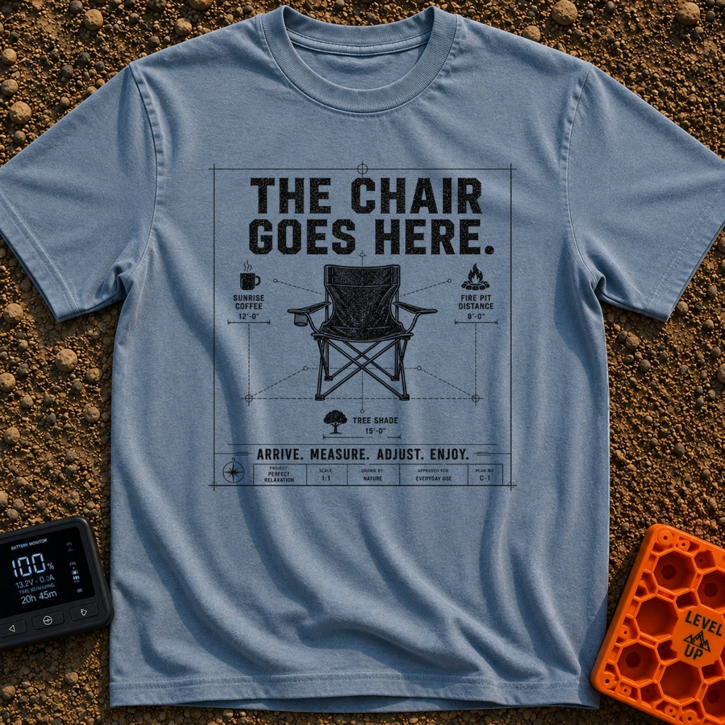 Chair Goes Here - T-Shirt in Blue Jean - A blueprint-style diagram of a folding camp chair featuring dimension lines that...