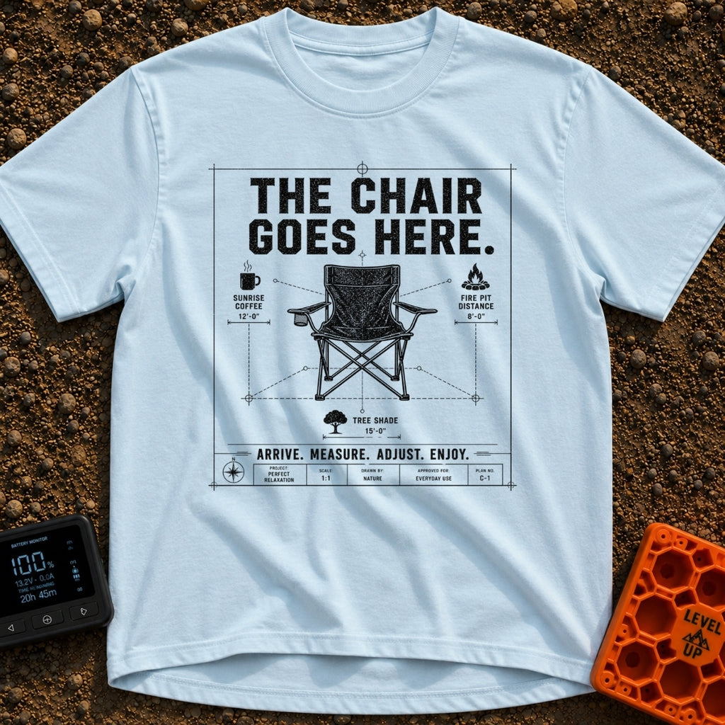 Chair Goes Here - T-Shirt in Chambray - A blueprint-style diagram of a folding camp chair featuring dimension lines that...