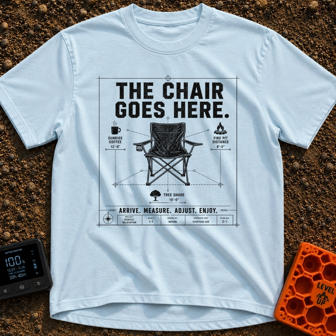 Chair Goes Here - T-Shirt in Chambray - A blueprint-style diagram of a folding camp chair featuring dimension lines that...
