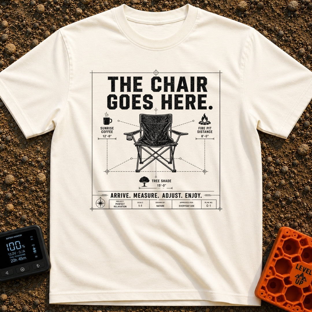 Chair Goes Here - T-Shirt in Ivory - A blueprint-style diagram of a folding camp chair featuring dimension lines that...
