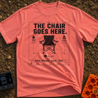 Chair Goes Here - T-Shirt in Watermelon - A blueprint-style diagram of a folding camp chair featuring dimension lines...