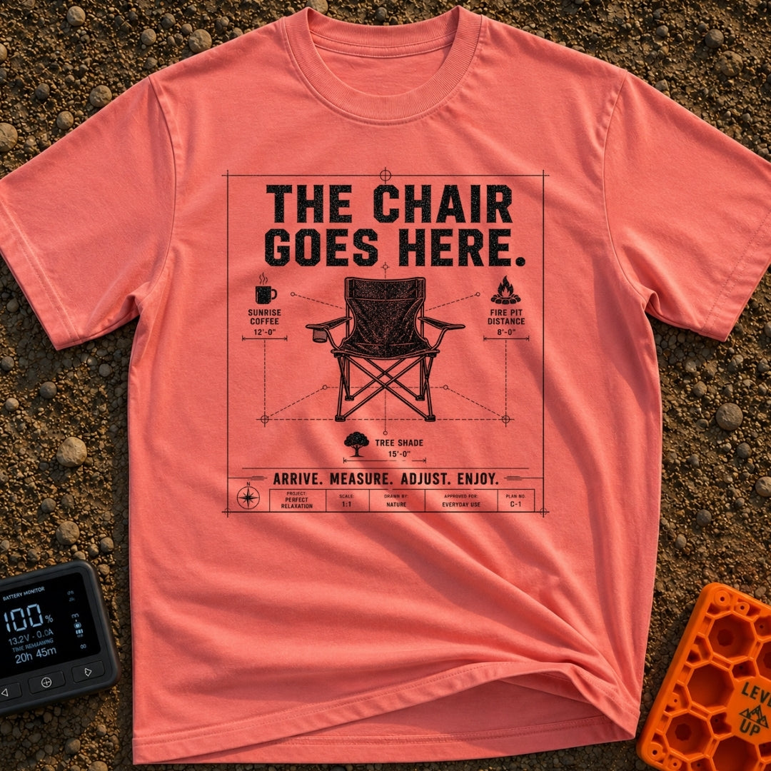 Chair Goes Here - T-Shirt in Watermelon - A blueprint-style diagram of a folding camp chair featuring dimension lines...