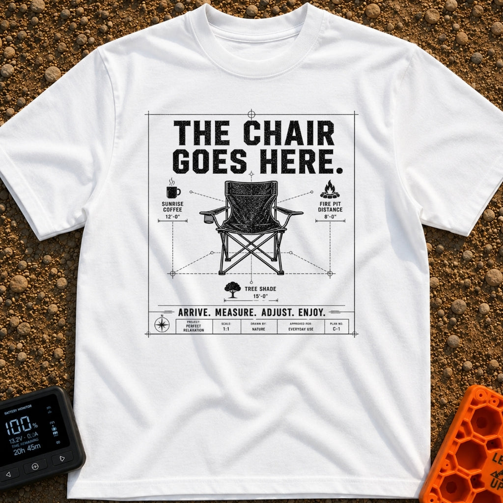 Chair Goes Here - T-Shirt in White - A blueprint-style diagram of a folding camp chair featuring dimension lines that...