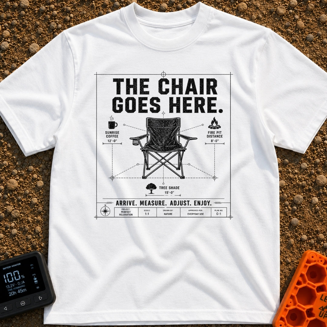 Chair Goes Here - T-Shirt in White - A blueprint-style diagram of a folding camp chair featuring dimension lines that...