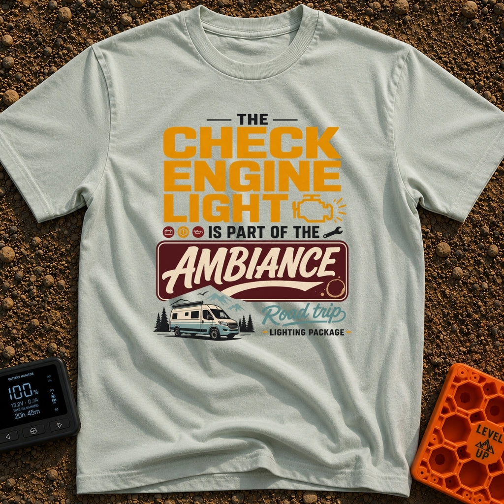 Check Engine Light Ambiance - T-Shirt in Bay - A typographic design reading "The Check Engine Light Is Part Of The...
