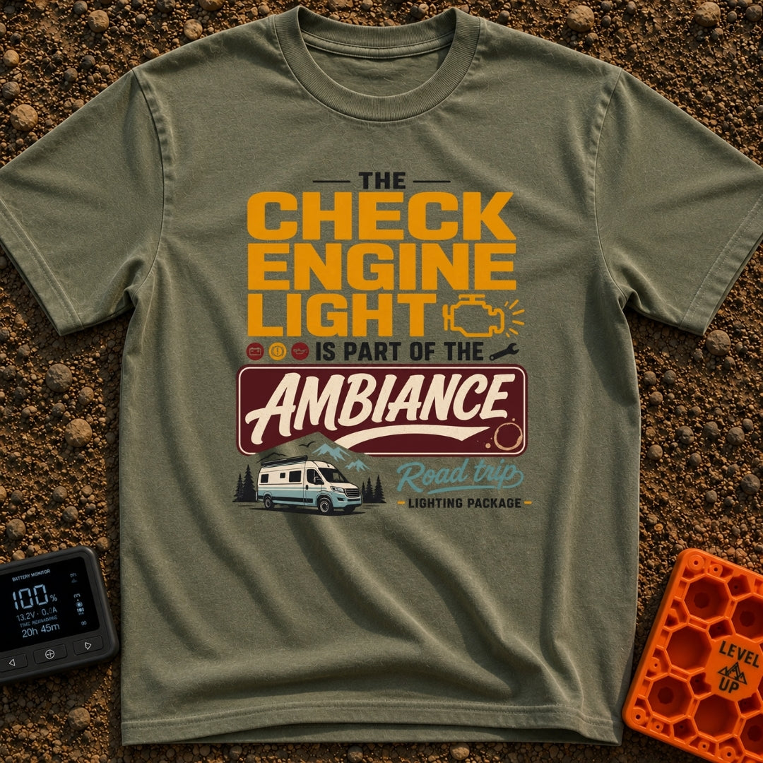 Check Engine Light Ambiance - T-Shirt in Moss - A typographic design reading "The Check Engine Light Is Part Of The...
