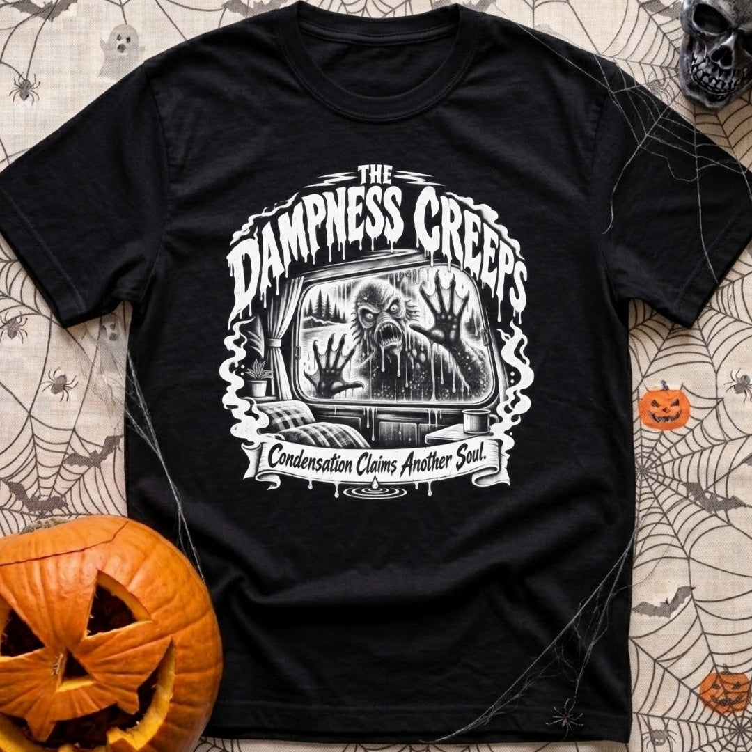 The Damp Creeps In - T-Shirt in Black - A black-and-white illustration of a swamp creature with webbed hands pressing...