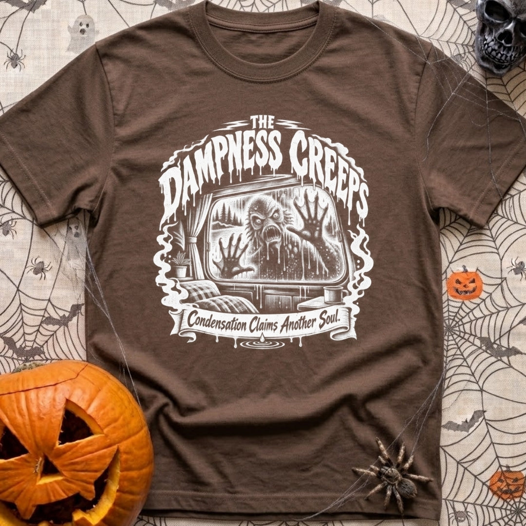 The Damp Creeps In - T-Shirt in Espresso - A black-and-white illustration of a swamp creature with webbed hands pressing...