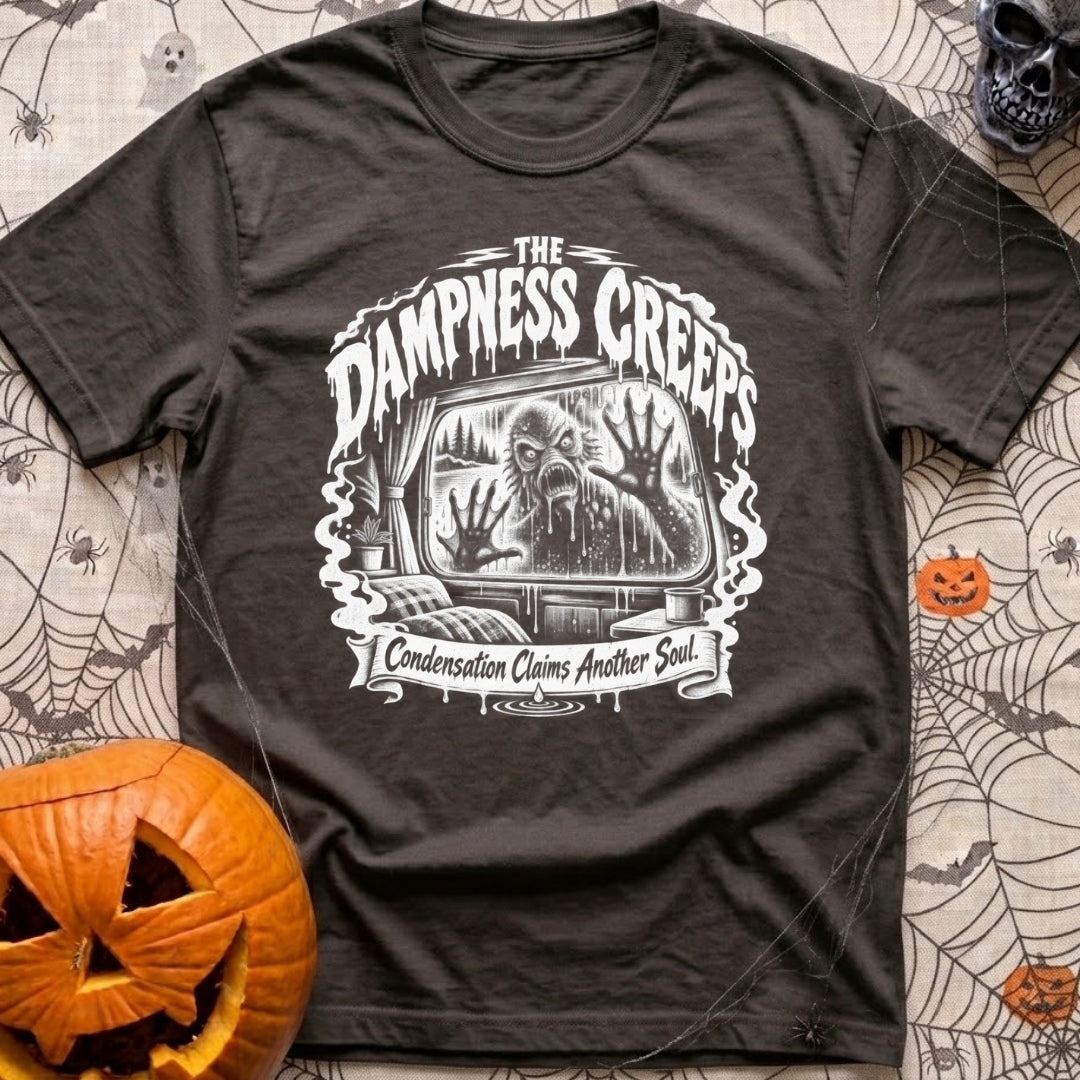 The Damp Creeps In - T-Shirt in Graphite - A black-and-white illustration of a swamp creature with webbed hands pressing...