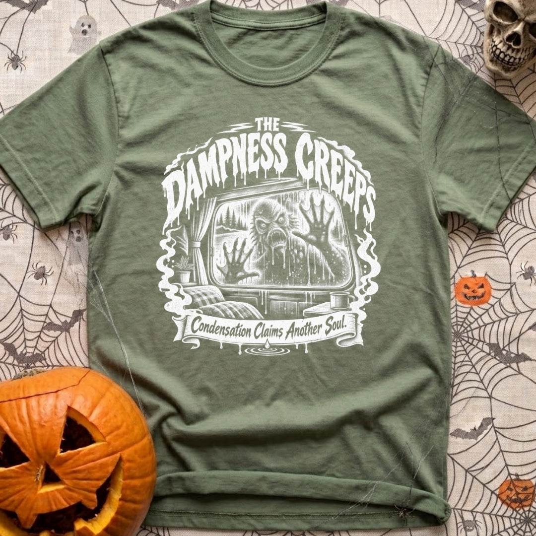 The Damp Creeps In - T-Shirt in Moss - A black-and-white illustration of a swamp creature with webbed hands pressing...
