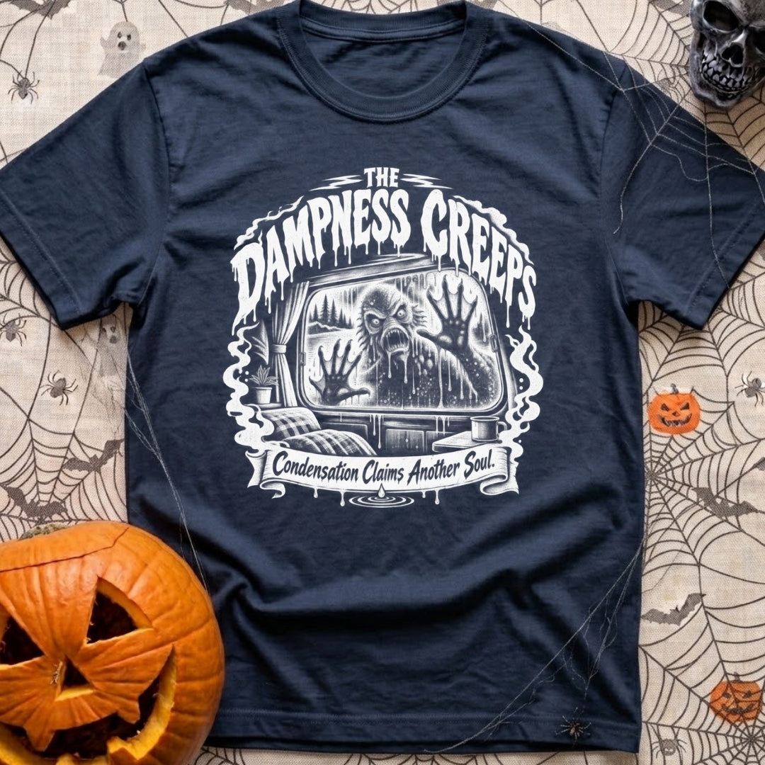 The Damp Creeps In - T-Shirt in Navy - A black-and-white illustration of a swamp creature with webbed hands pressing...