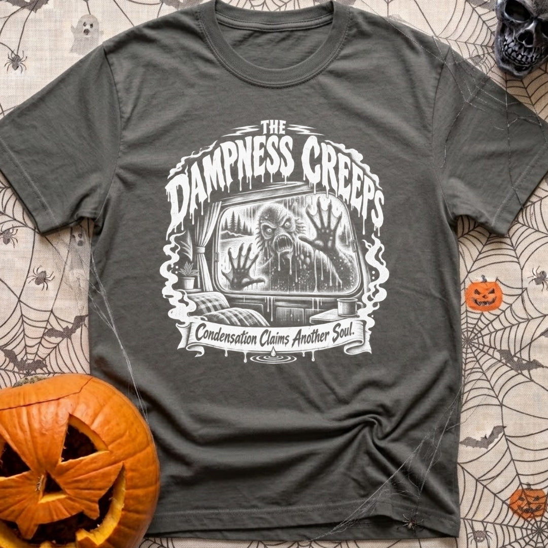 The Damp Creeps In - T-Shirt in Pepper - A black-and-white illustration of a swamp creature with webbed hands pressing...