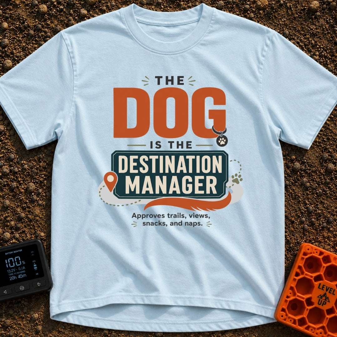 Pup Calls The Shots - T-Shirt in Chambray - A typography-based design featuring the text "THE DOG IS THE DESTINATION...