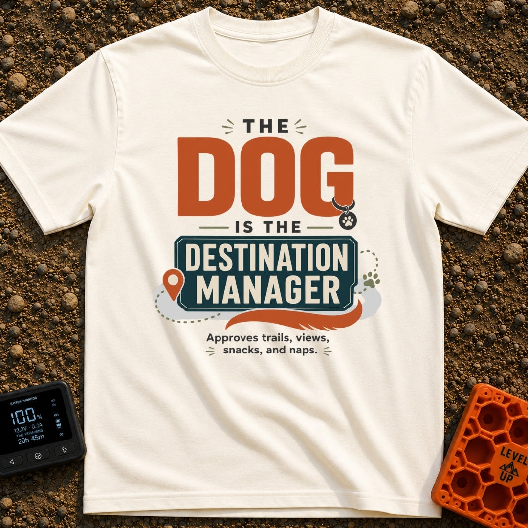 Pup Calls The Shots - T-Shirt in Ivory - A typography-based design featuring the text "THE DOG IS THE DESTINATION...