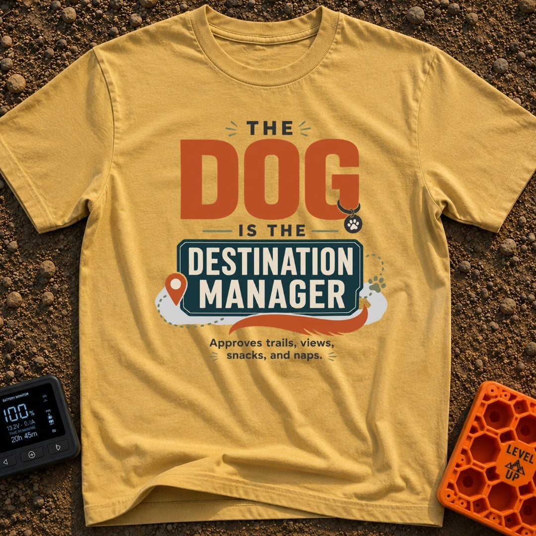 Pup Calls The Shots - T-Shirt in Mustard - A typography-based design featuring the text "THE DOG IS THE DESTINATION...