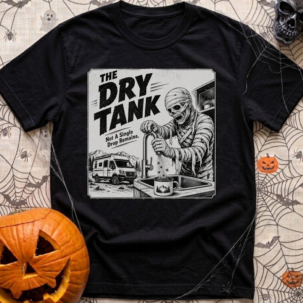 Running On Fumes - T-Shirt in Black - A black and white illustration of a mummy standing at a sink turning a faucet, but...
