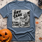 Running On Fumes - T-Shirt in Blue Jean - A black and white illustration of a mummy standing at a sink turning a faucet,...