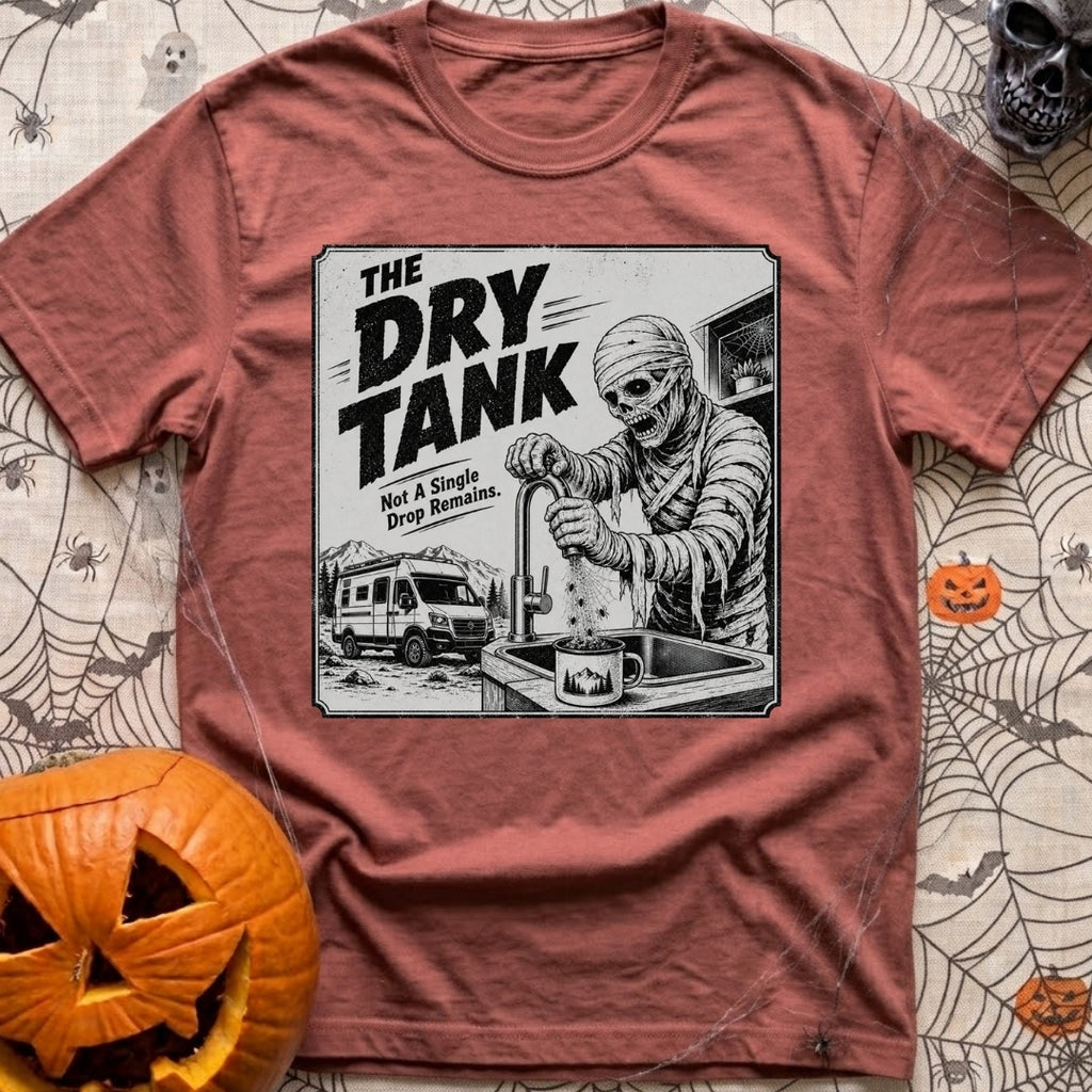 Running On Fumes - T-Shirt in Brick - A black and white illustration of a mummy standing at a sink turning a faucet, but...