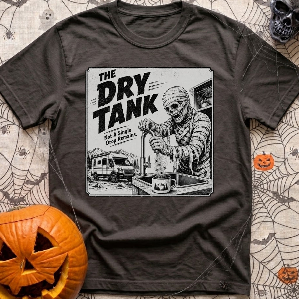 Running On Fumes - T-Shirt in Graphite - A black and white illustration of a mummy standing at a sink turning a faucet,...