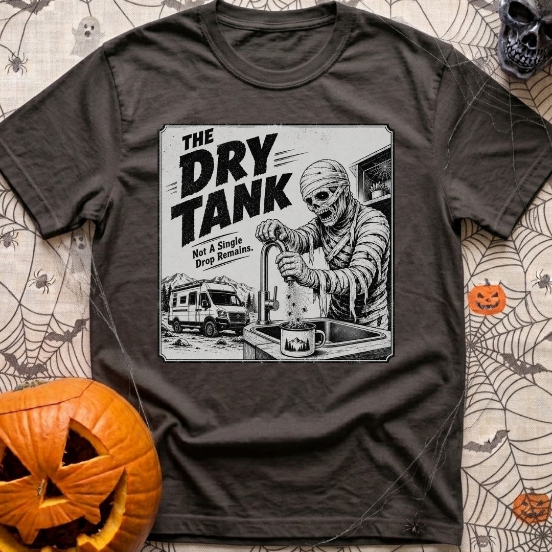 Running On Fumes - T-Shirt in Graphite - A black and white illustration of a mummy standing at a sink turning a faucet,...