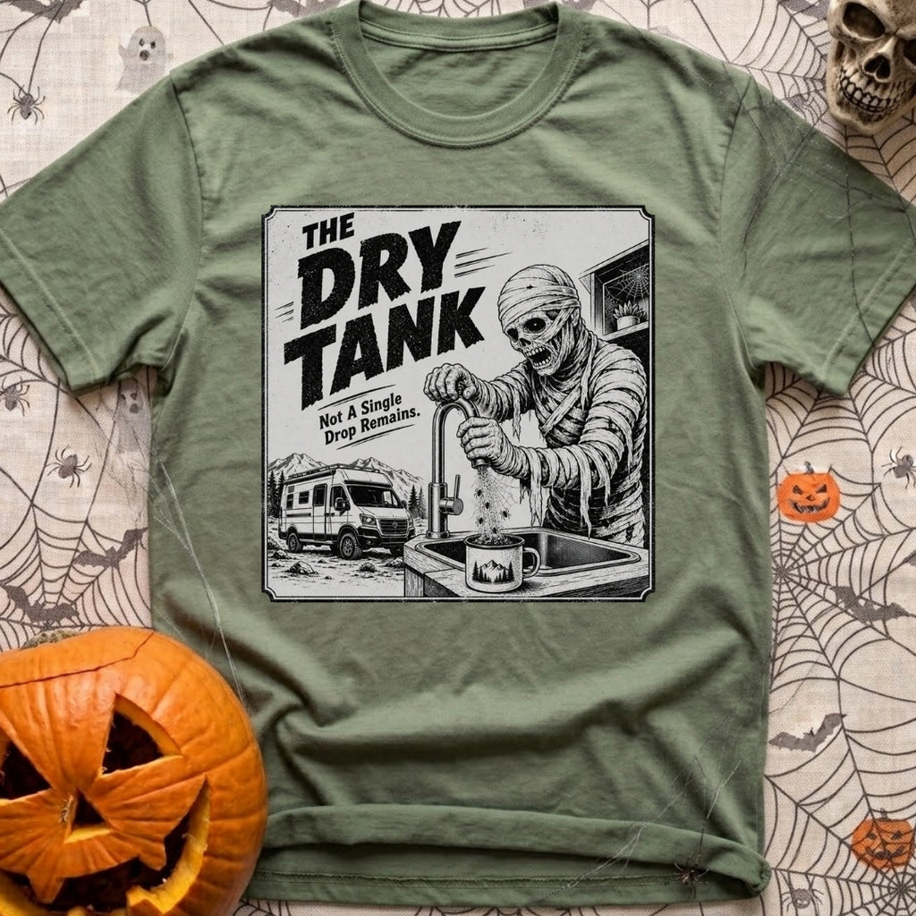 Running On Fumes - T-Shirt in Moss - A black and white illustration of a mummy standing at a sink turning a faucet, but...