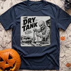 Running On Fumes - T-Shirt in Navy - A black and white illustration of a mummy standing at a sink turning a faucet, but...