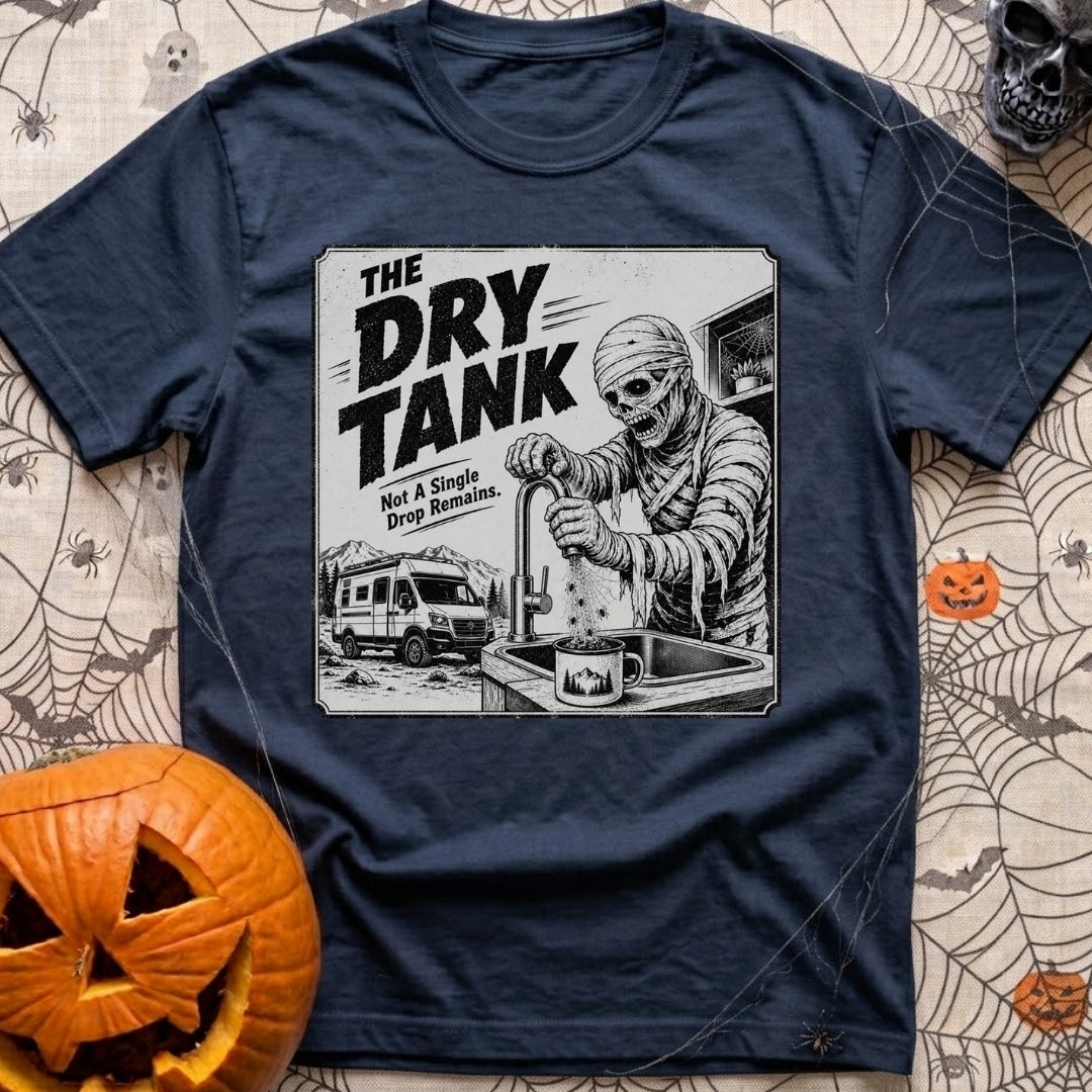 Running On Fumes - T-Shirt in Navy - A black and white illustration of a mummy standing at a sink turning a faucet, but...