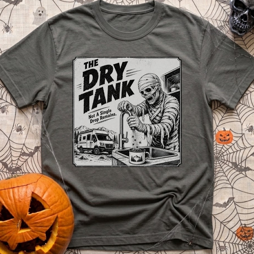 Running On Fumes - T-Shirt in Pepper - A black and white illustration of a mummy standing at a sink turning a faucet, but...