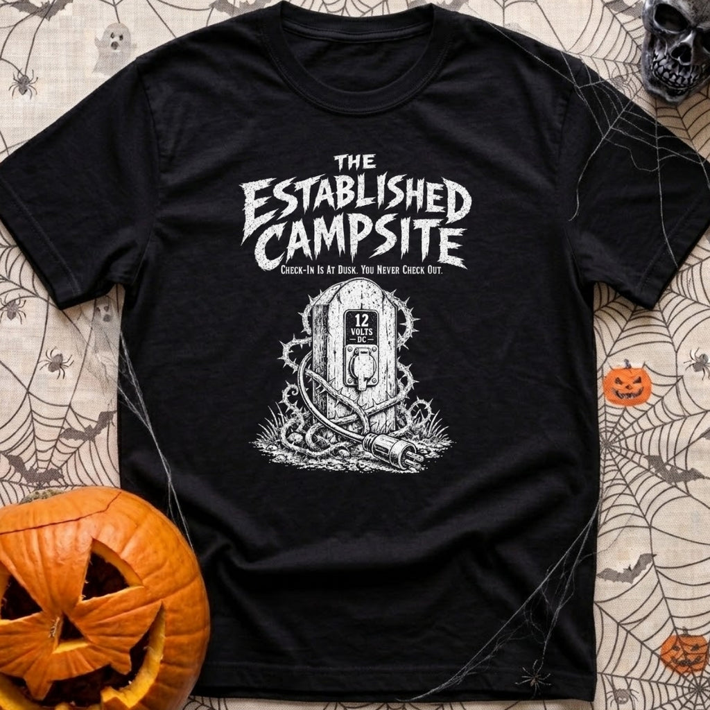 Lost The Plot - T-Shirt in Black - A black and white illustration of a wooden electrical pedestal shaped like a...
