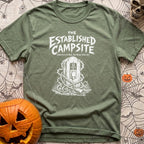 Lost The Plot - T-Shirt in Moss - A black and white illustration of a wooden electrical pedestal shaped like a tombstone,...