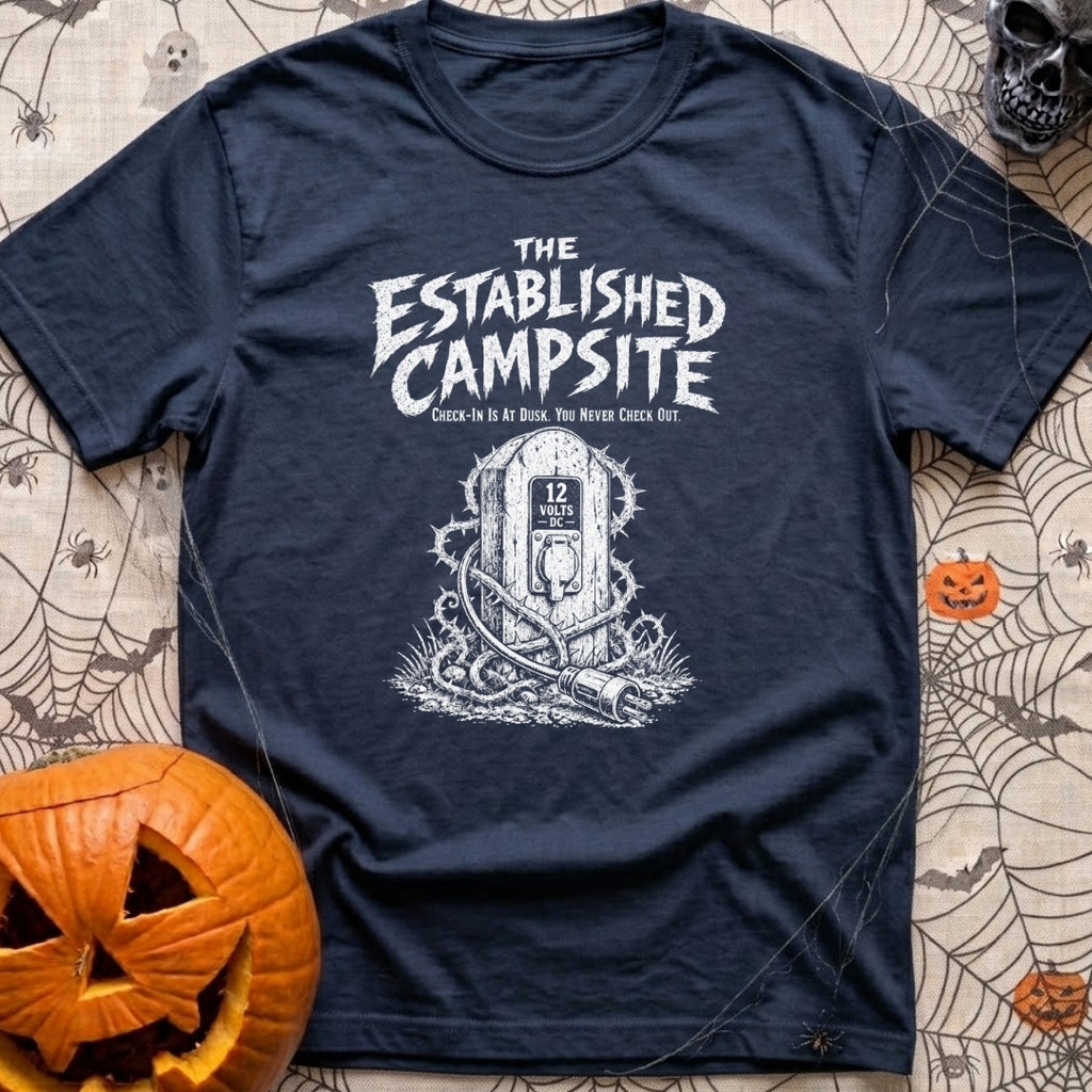 Lost The Plot - T-Shirt in Navy - A black and white illustration of a wooden electrical pedestal shaped like a tombstone,...