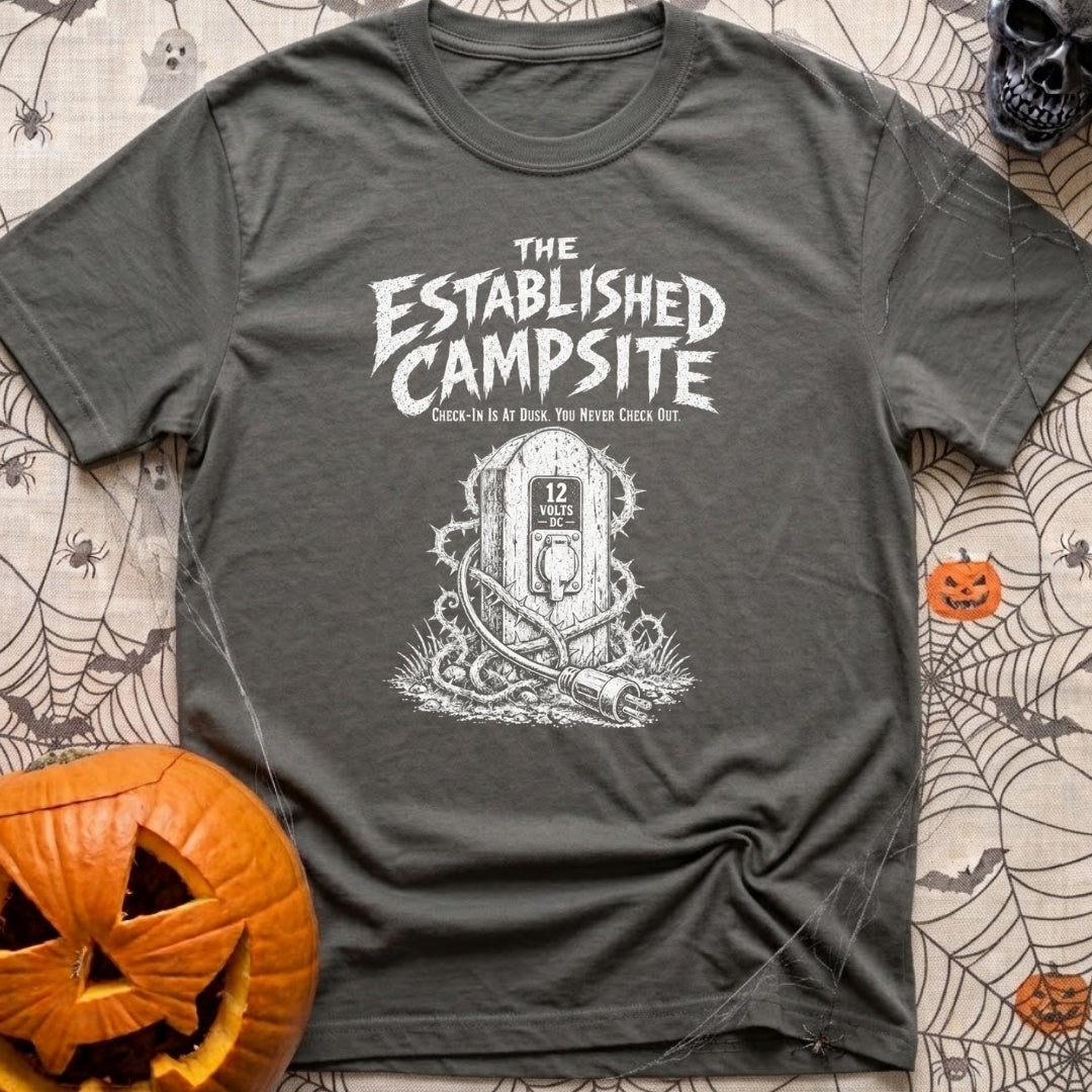 Lost The Plot - T-Shirt in Pepper - A black and white illustration of a wooden electrical pedestal shaped like a...