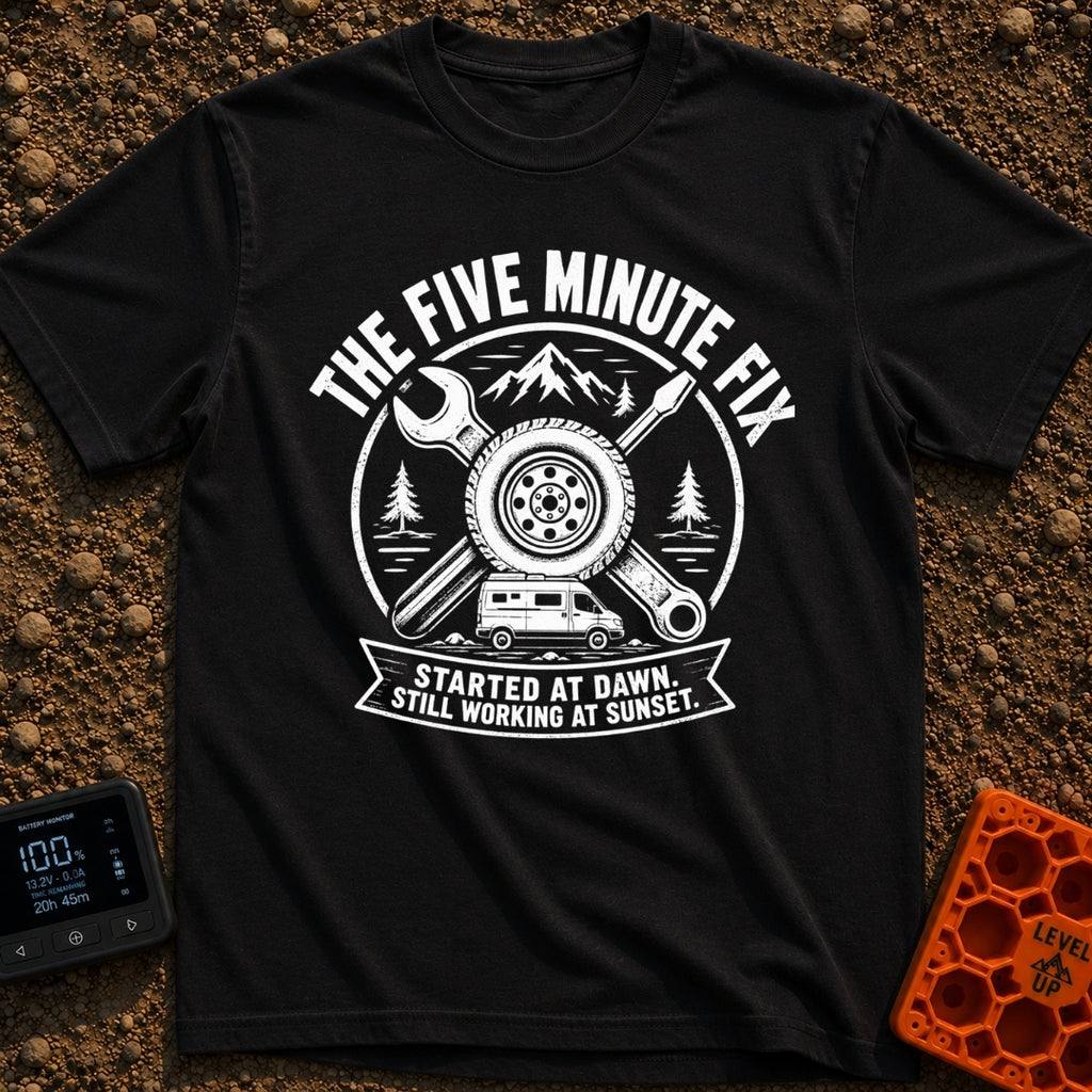 Five Minute Fix - T-Shirt in Black - A circular, distressed emblem featuring a crossed wrench and screwdriver behind a...
