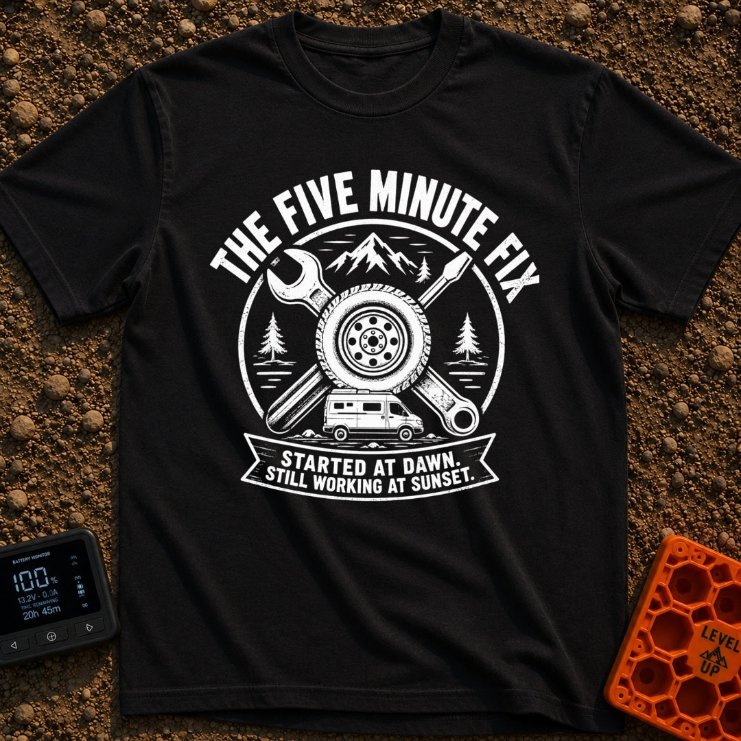 Five Minute Fix - T-Shirt in Black - A circular, distressed emblem featuring a crossed wrench and screwdriver behind a...