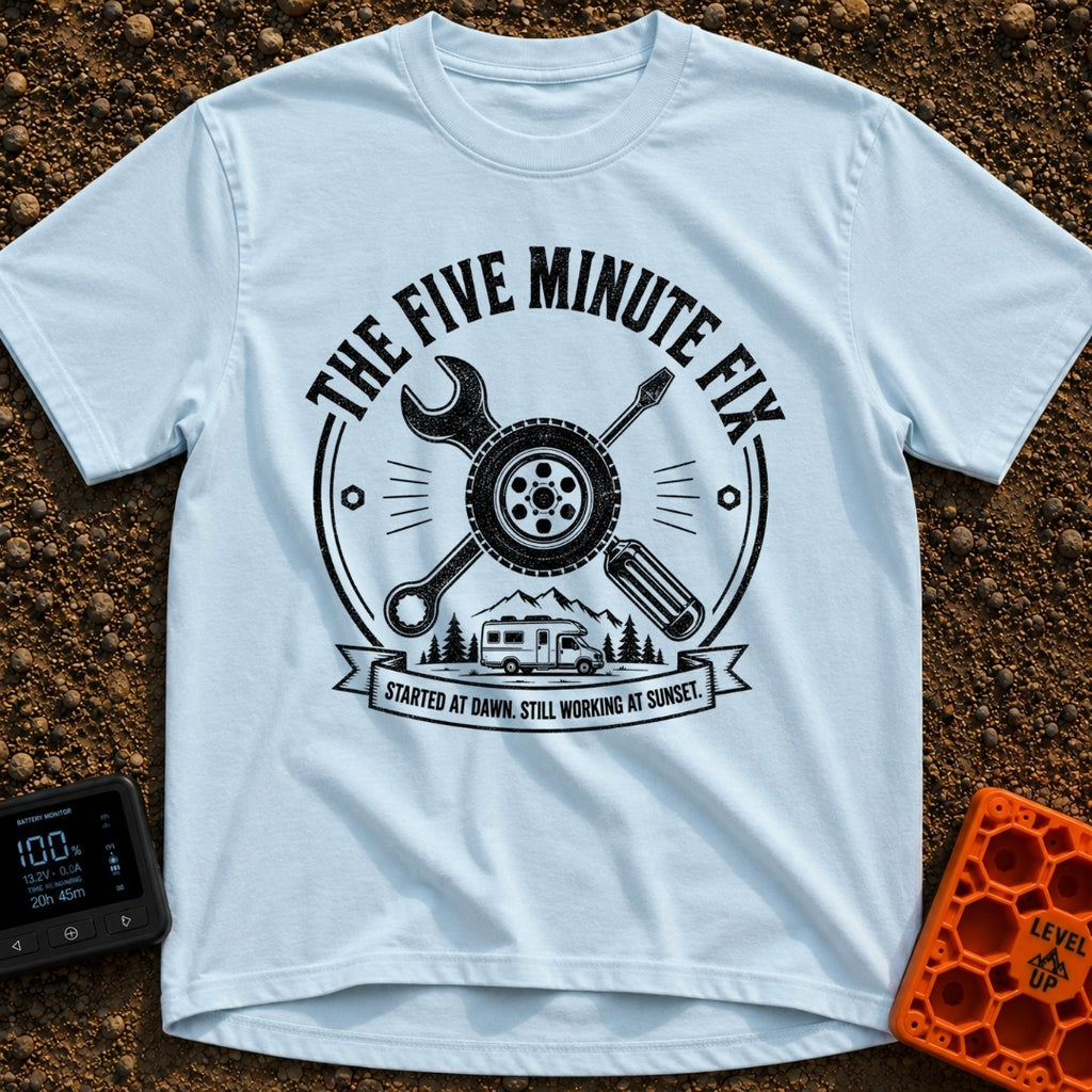 Five Minute Fix - T-Shirt in Chambray - A circular, distressed emblem featuring a crossed wrench and screwdriver behind a...