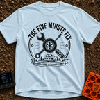 Five Minute Fix - T-Shirt in Chambray - A circular, distressed emblem featuring a crossed wrench and screwdriver behind a...