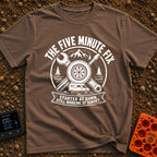 Five Minute Fix - T-Shirt in Espresso - A circular, distressed emblem featuring a crossed wrench and screwdriver behind a...