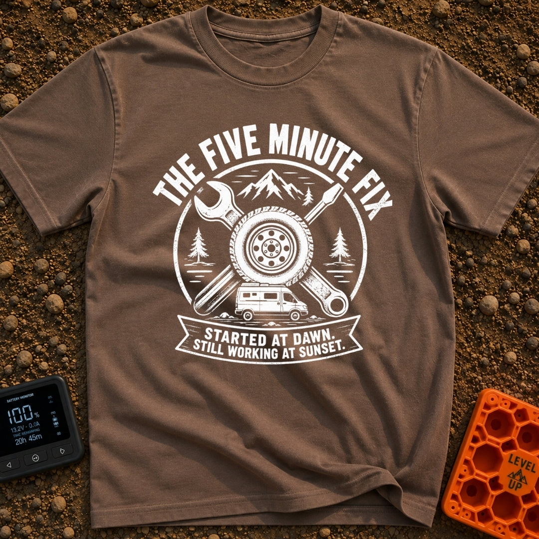 Five Minute Fix - T-Shirt in Espresso - A circular, distressed emblem featuring a crossed wrench and screwdriver behind a...