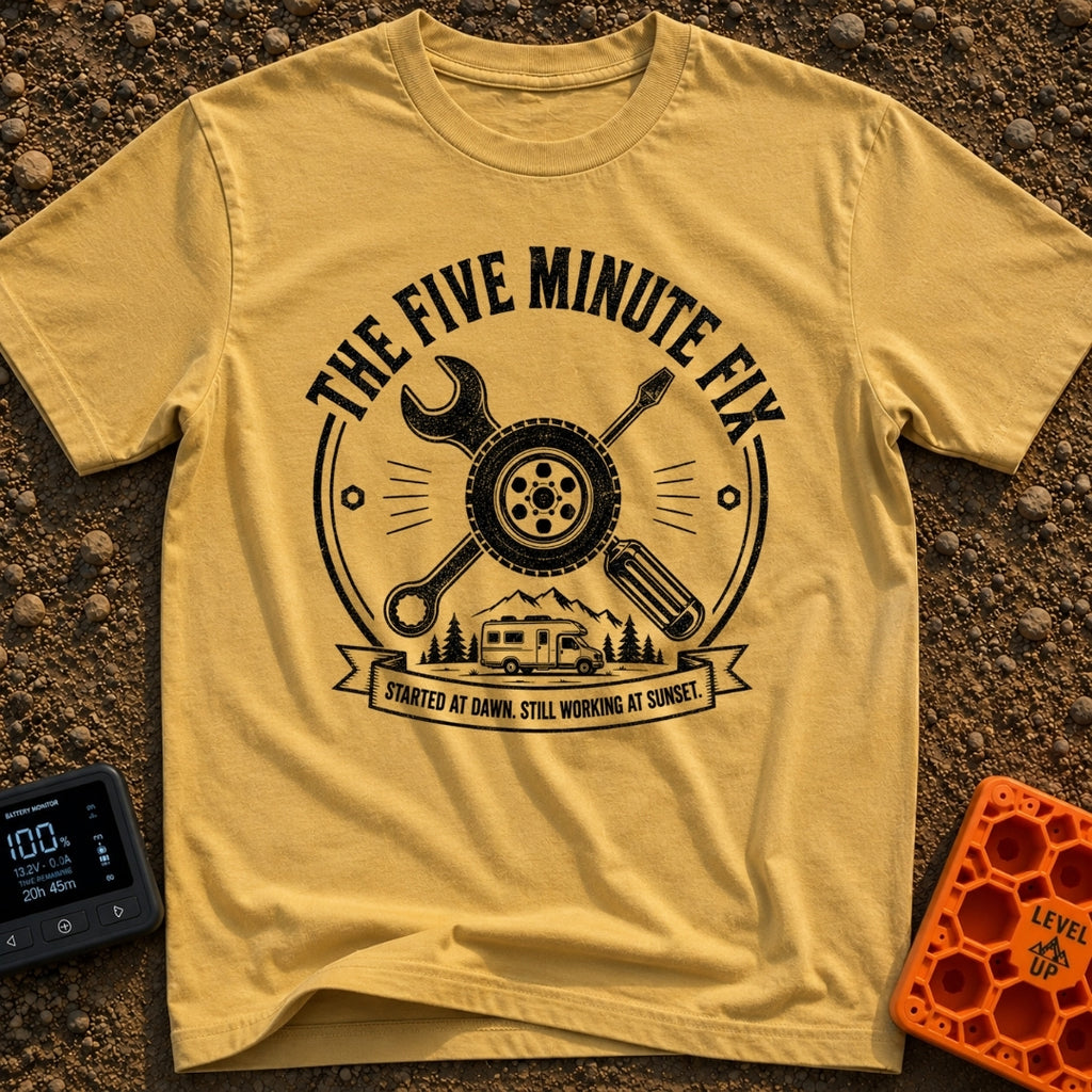 Five Minute Fix - T-Shirt in Mustard - A circular, distressed emblem featuring a crossed wrench and screwdriver behind a...