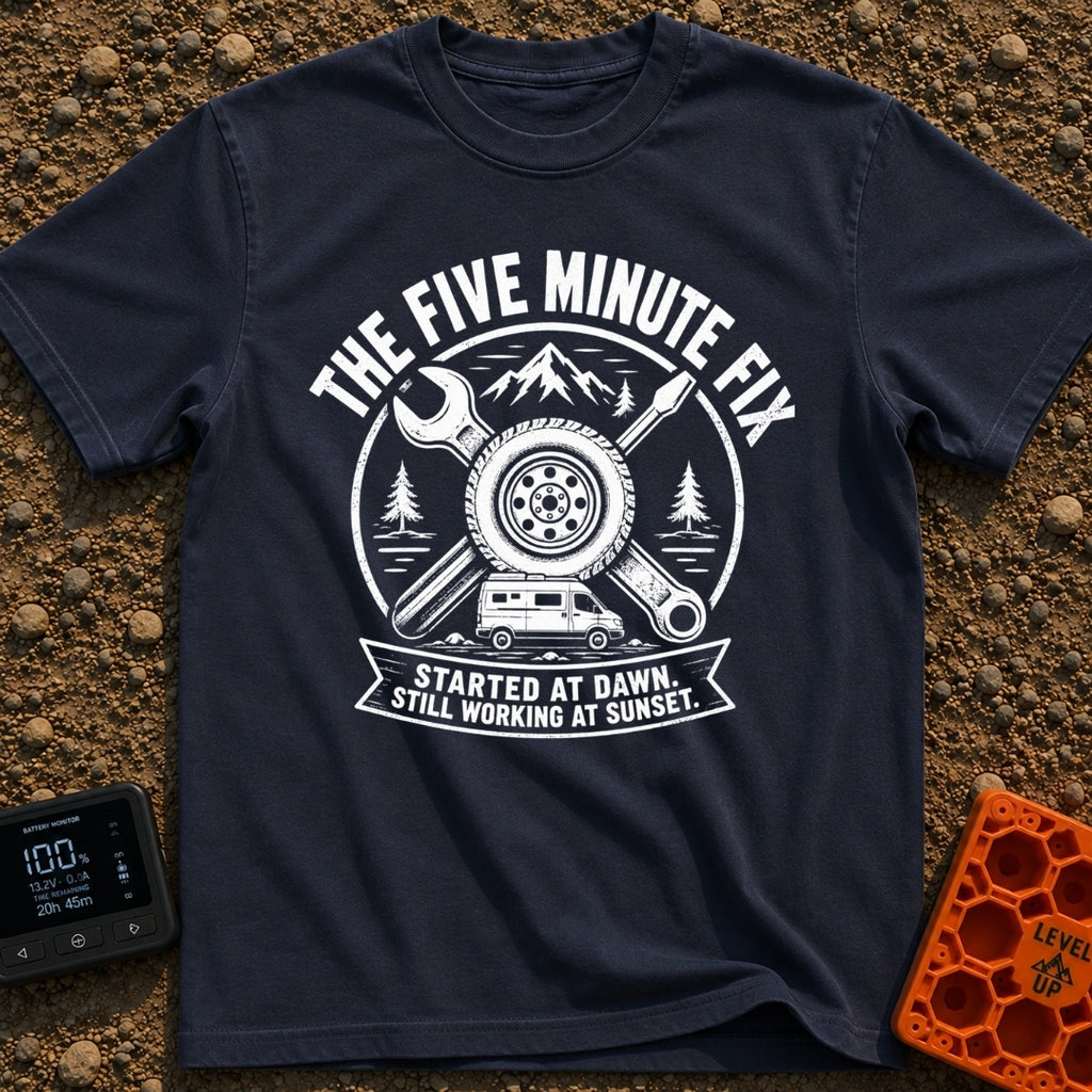 Five Minute Fix - T-Shirt in Navy - A circular, distressed emblem featuring a crossed wrench and screwdriver behind a...