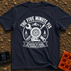 Five Minute Fix - T-Shirt in Navy - A circular, distressed emblem featuring a crossed wrench and screwdriver behind a...