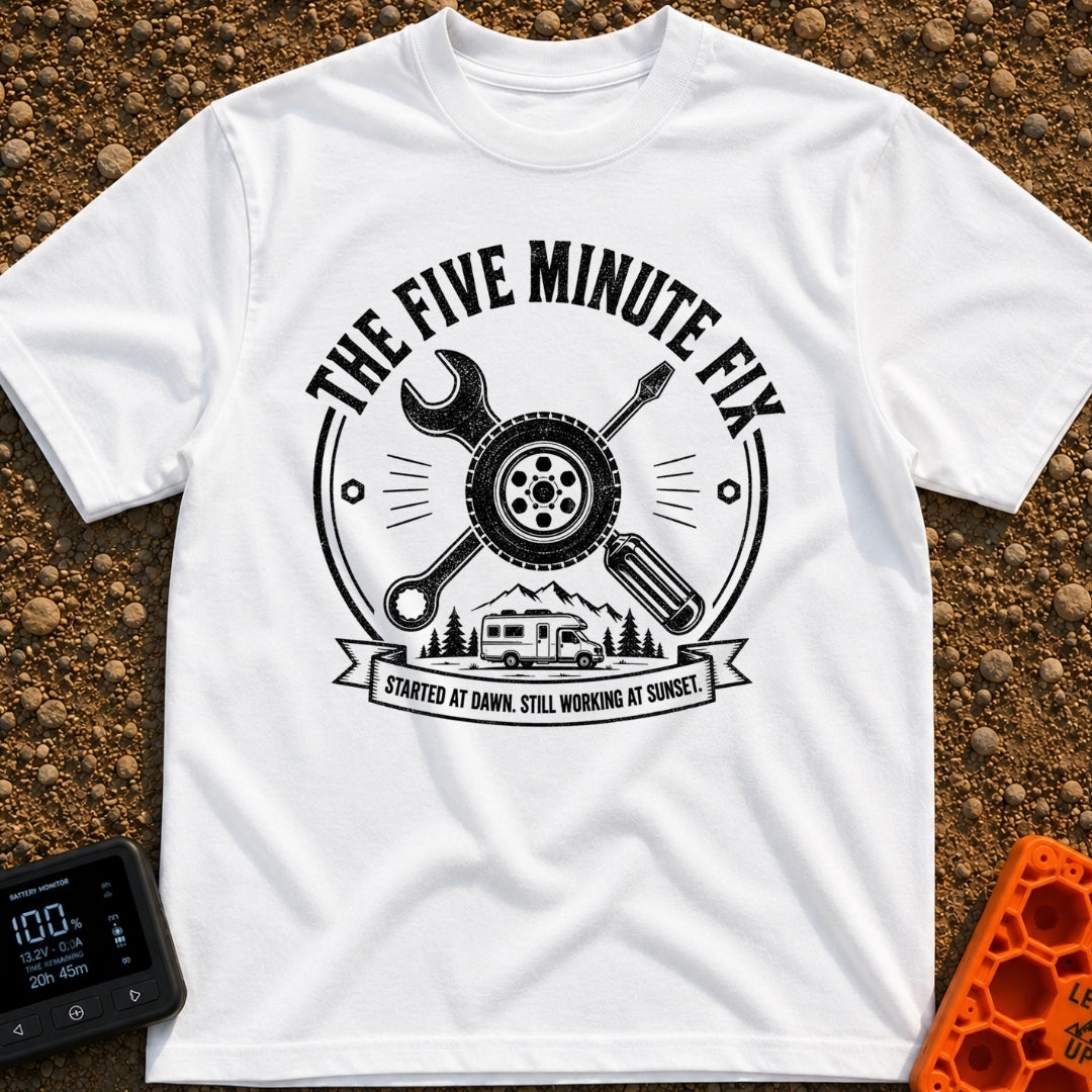 Five Minute Fix - T-Shirt in White - A circular, distressed emblem featuring a crossed wrench and screwdriver behind a...