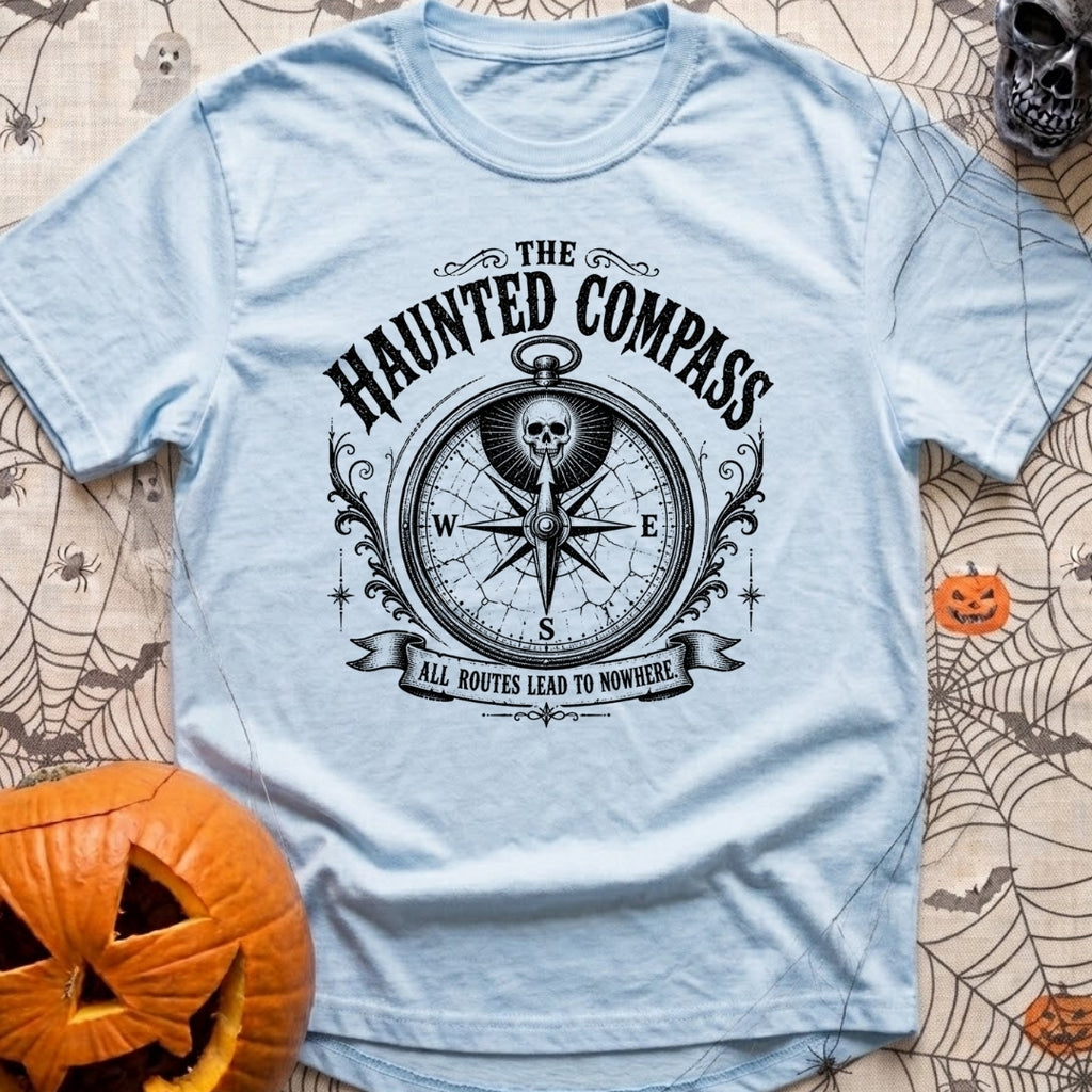 Dead Reckoning Society - T-Shirt in Chambray - A black and white illustration of an ornate, vintage-style compass with a...
